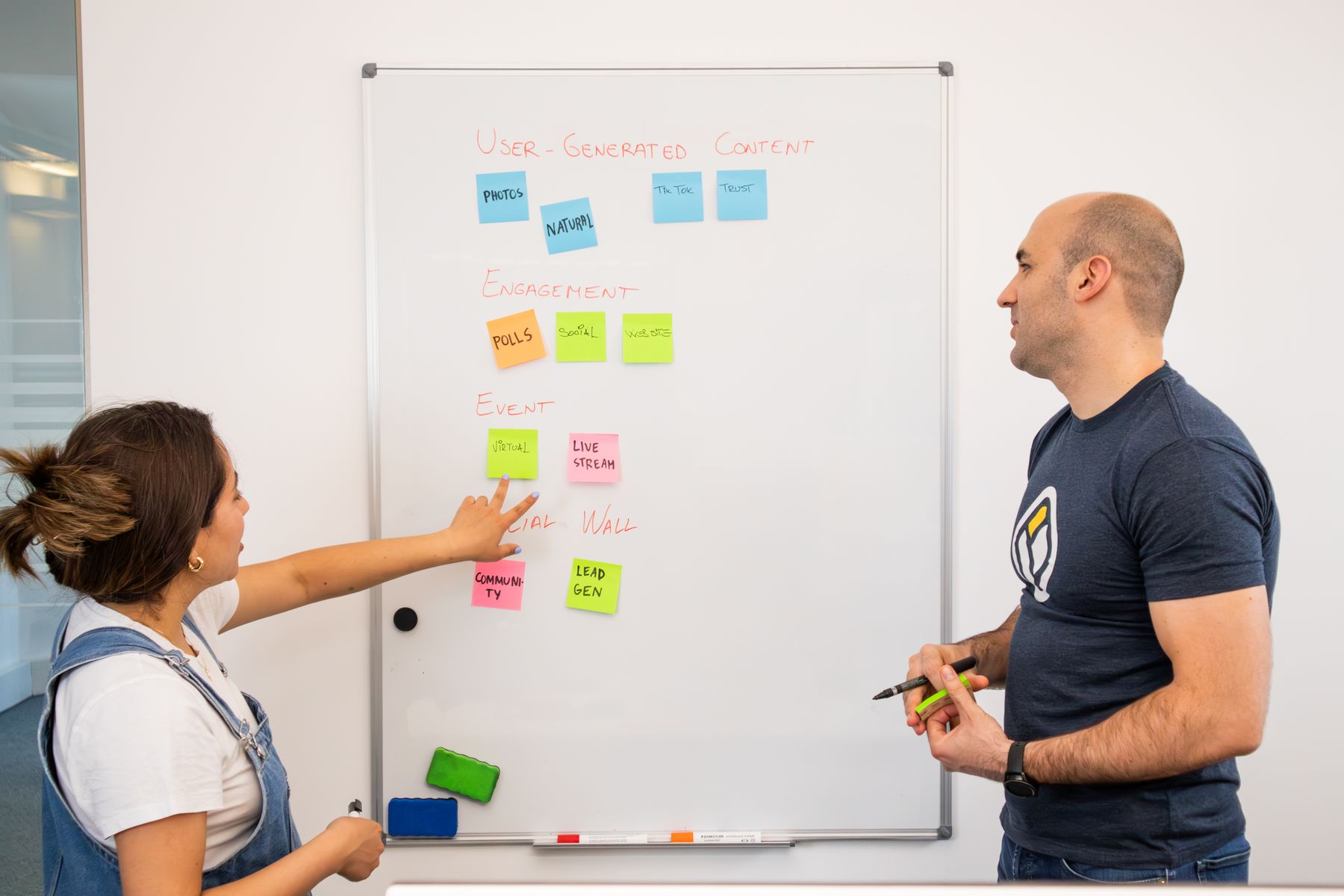 Colleagues discussing project priorities and workflow notes at a whiteboard