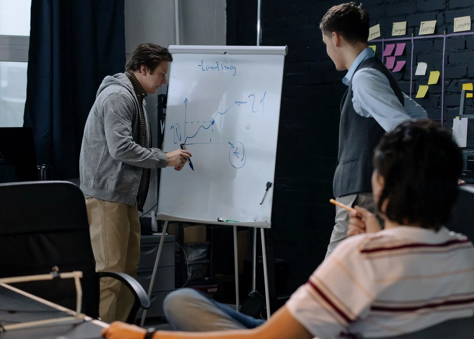 Professionals reviewing a planning diagram together at a whiteboard