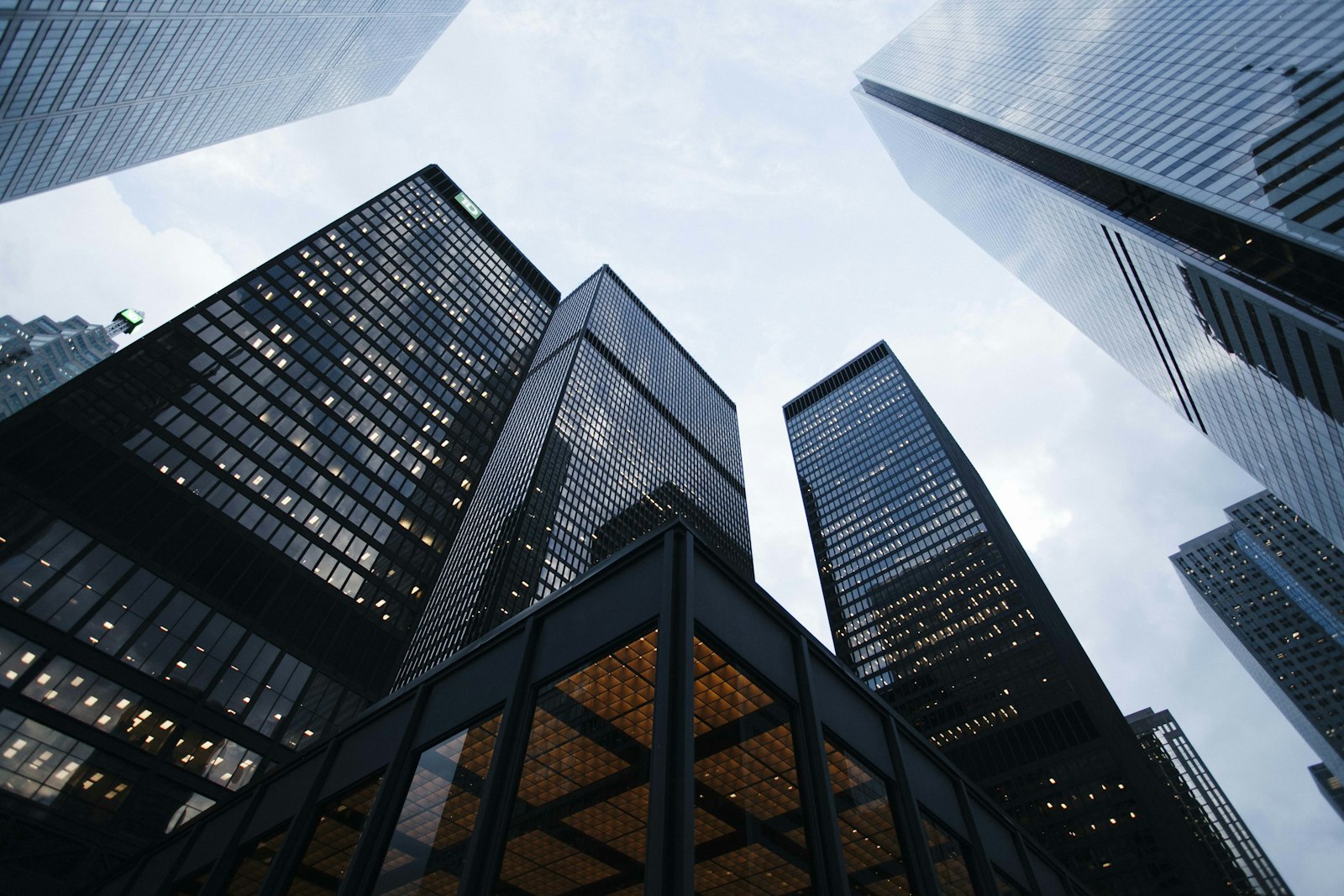 Financial district towers seen from street level