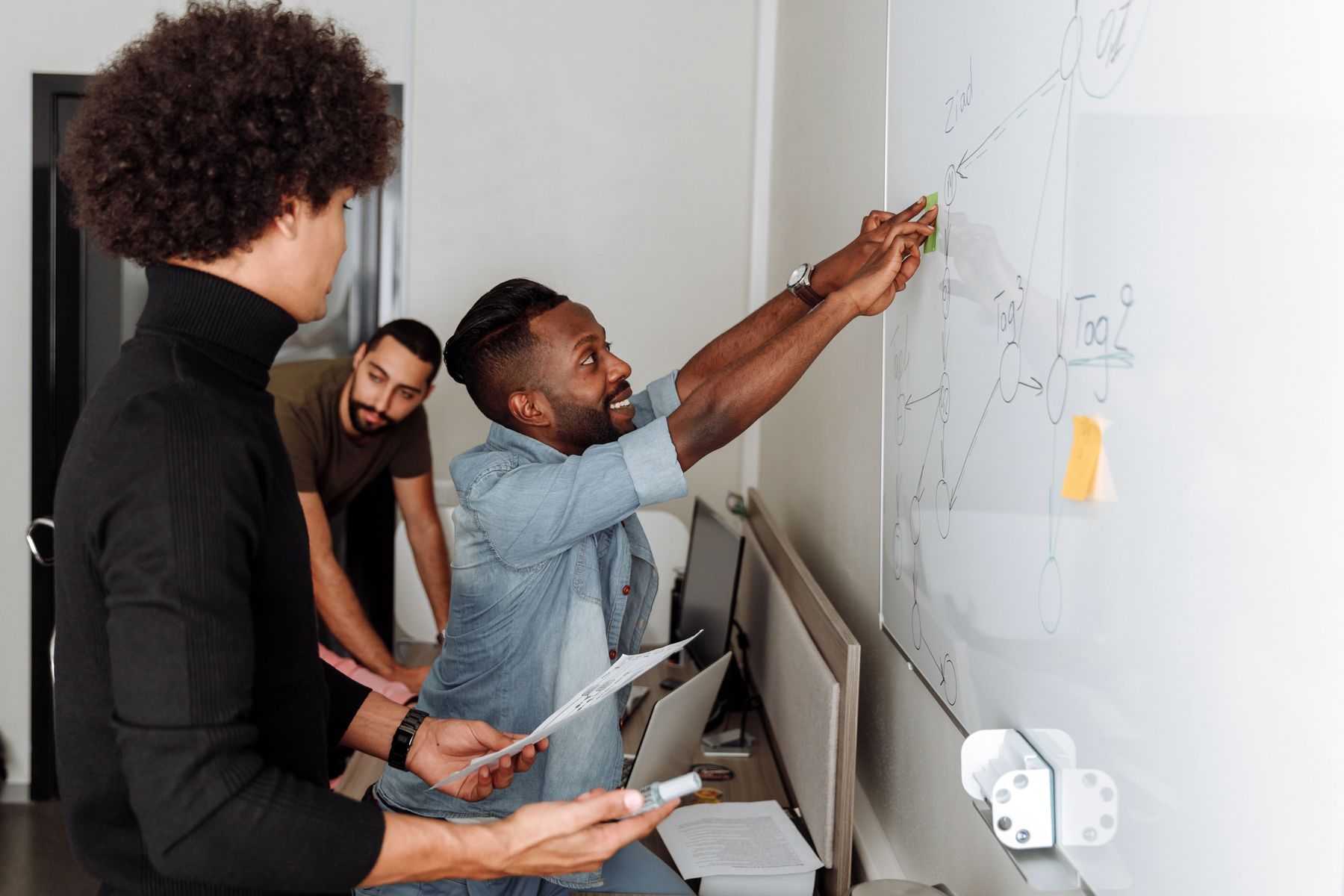 Three colleagues reviewing a diagram and printed notes at a whiteboard